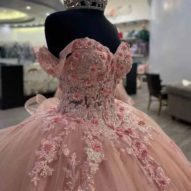 Robe de bal rose ornée d'appliques scintillantes, robe de princesse rose Y2341