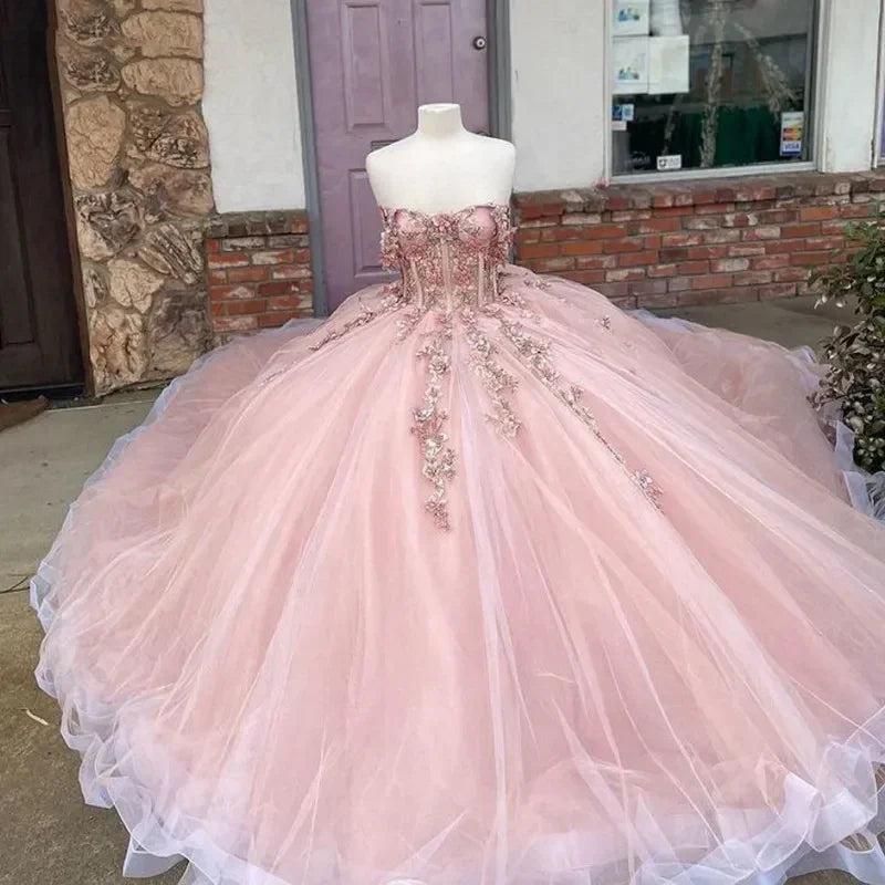 Abito da ballo con applicazioni floreali in tulle rosa Abito per sedicesimo compleanno Y527