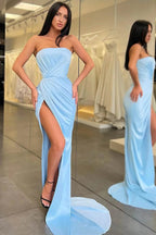Vestido de Noite Comprido Azul Claro Cauda de Sereia Sem Alças com Fenda Y370