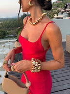 Abito da sera rosso sirena lungo con schiena scoperta, elegante per ballo Y7865