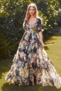 Vestido de noite elegante em chiffon com estampado floral, folhos e racha, vestido de baile Y8361