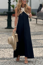 Robe longue à col bénitier bretelles croisées évasée en bloc de couleurs