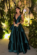 Custom Deep V Neck Sleeveless A Line Long Prom Dress With Pleats