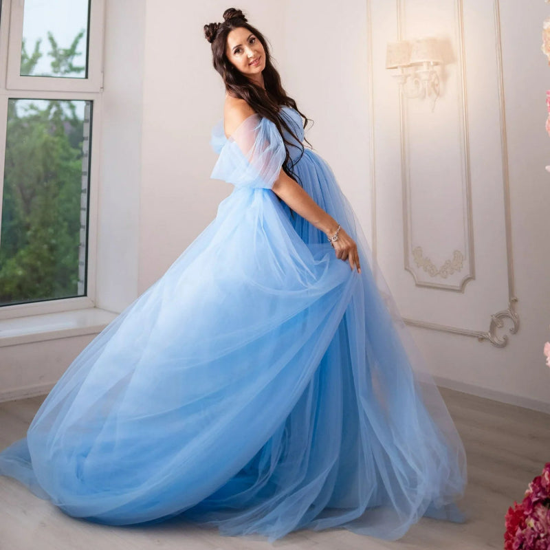 Chic Sky Blue Tulle Maternity Dress with Train - Ideal for Baby Shower Photoshoots