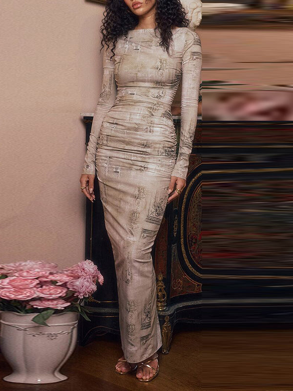 Lange Ärmel, schmal, bedruckt, mit Schlitz am Rücken, geteilter Schnitt, Rundhalsausschnitt, Abendkleider, Maxikleider 