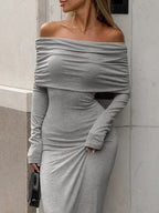 Abiti da Sera Lunghi a Maniche Lunghe e Aderenti con Piega a Soffietto, Monocolore, Spacco Laterale e Scollati sulle Spalle