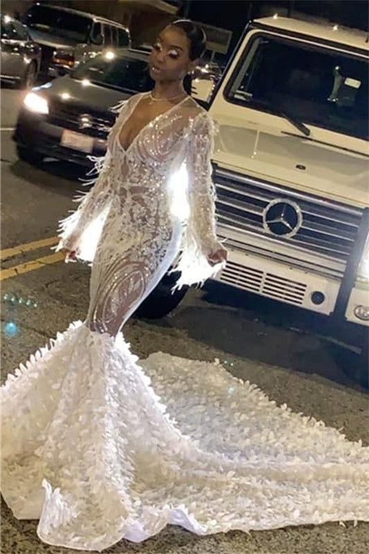 Sexy Meerjungfrau-Ballkleid mit langen Ärmeln und Pailletten im V-Ausschnitt