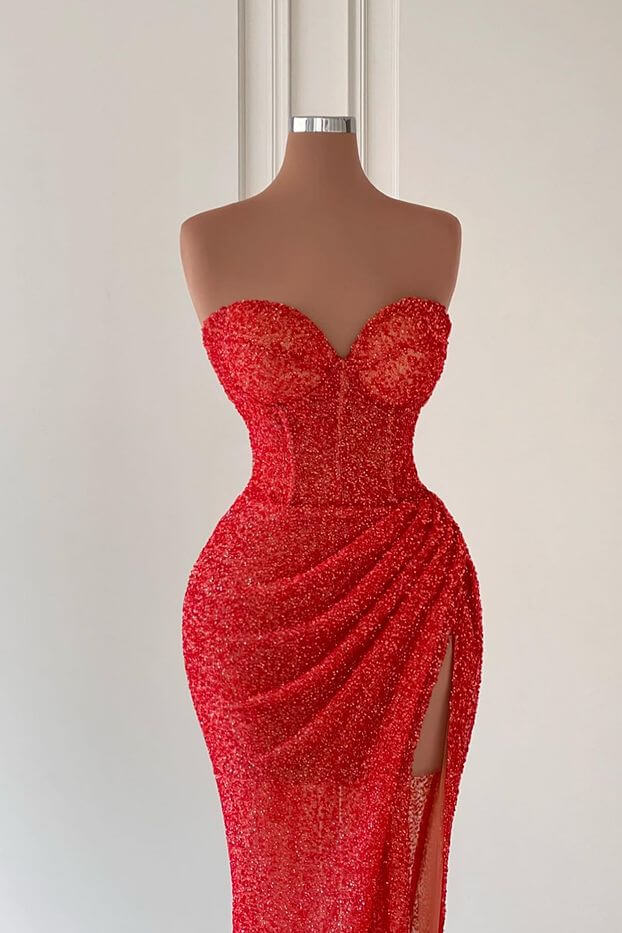 Abito da sera senza maniche con scollo a cuore, stile sirena, con paillettes e spacco alto sulla coscia