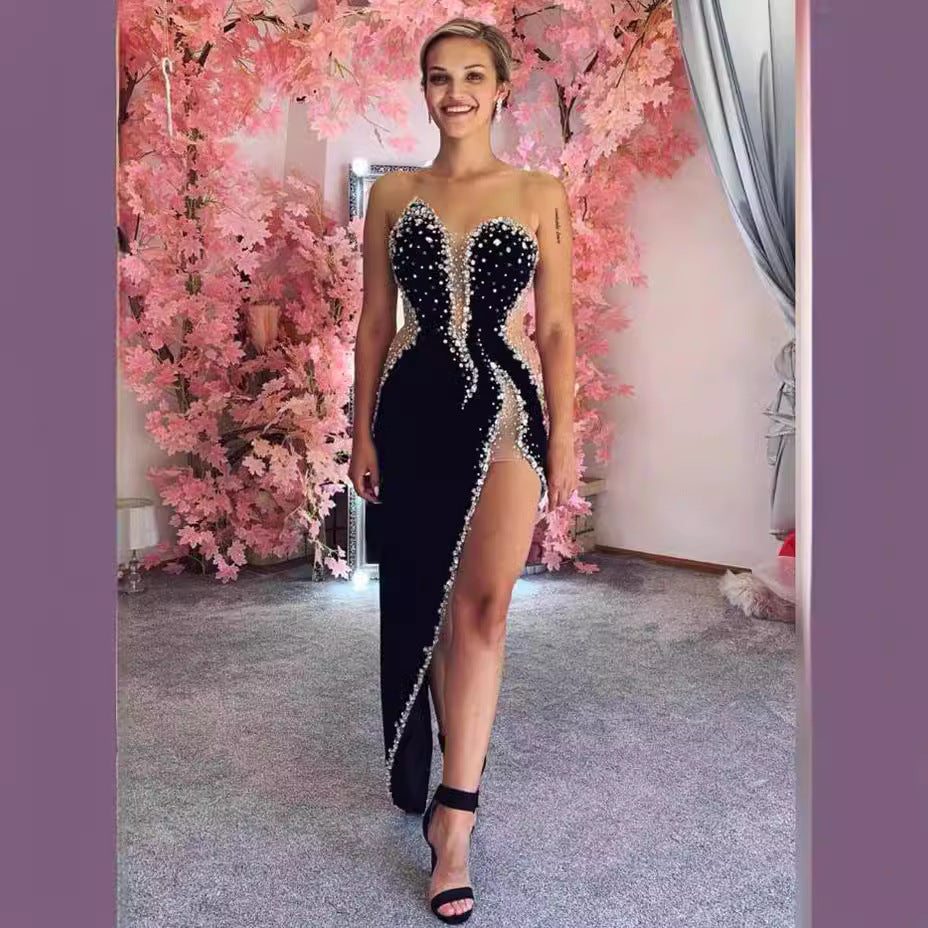 Sexy Strapless Beaded Bodycon Dress Party Prom Dress