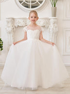 Ivory Lace Tulle First Communion Flower Girl Dress With Detachable Train