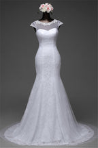 Beautiful Lace Long Mermaid Jewel Wedding Dress With Tulle Overskirt