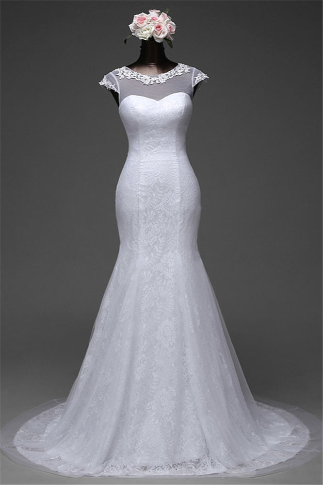 Beautiful Lace Long Mermaid Jewel Wedding Dress With Tulle Overskirt