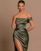 Green One Shoulder Long Mermaid Prom Dress With Side Split