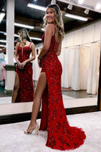 Sparkly Blue Sheath Sequins Long Prom Dress With Slit