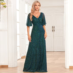 Butterfly See Through Sleeve Pairs V Neck Pleated A Large Swing Evening Dress Wedding Sequined Mop Dress
