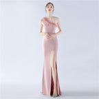 Satin Craft Order Ostrich Feather Dinner Exhibition Wedding Evening Dress