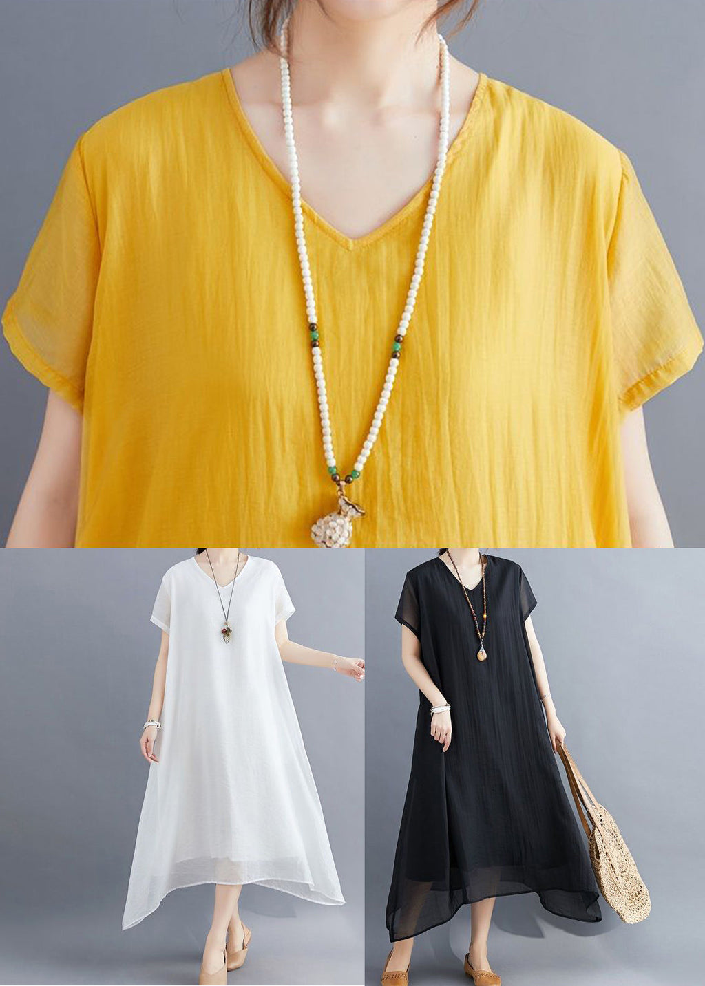 Abito lungo estivo giallo casual in cotone con scollo a V e design asimmetrico