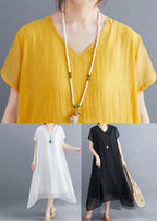Abito lungo estivo giallo casual in cotone con scollo a V e design asimmetrico