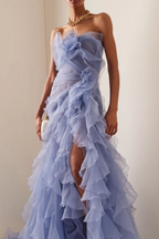 Strapless Sleeveless Long Prom Dress With High Split And Pleated Detail