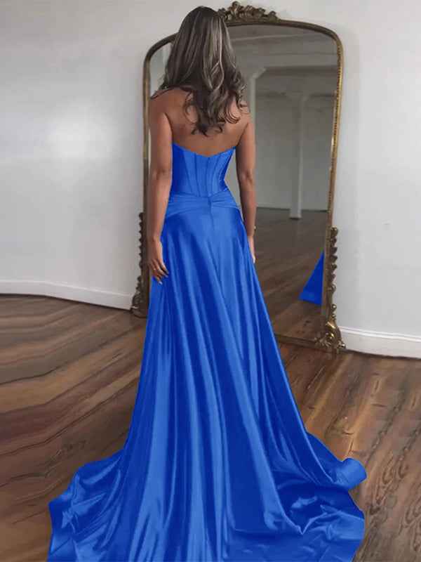 Navy Blue Strapless Mermaid Corset Prom Dress With Slit