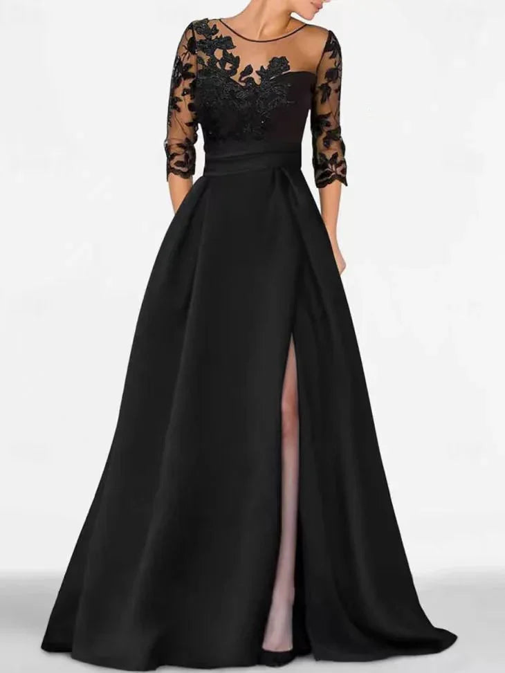 Abito formale elegante in raso nero ricamato