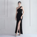 Velvet Bottom Sequin One Shoulder Fishtail Evening Dress