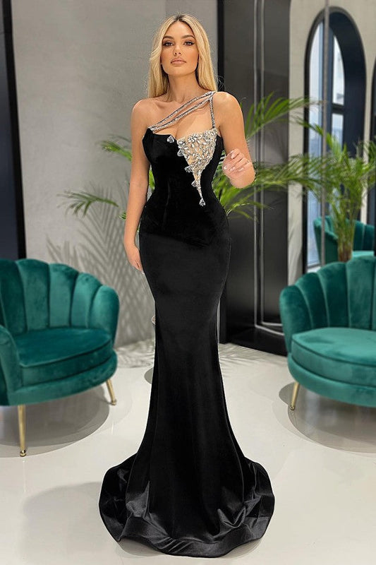 One Shoulder Black Mermaid Long Prom Dress With Rhinestones