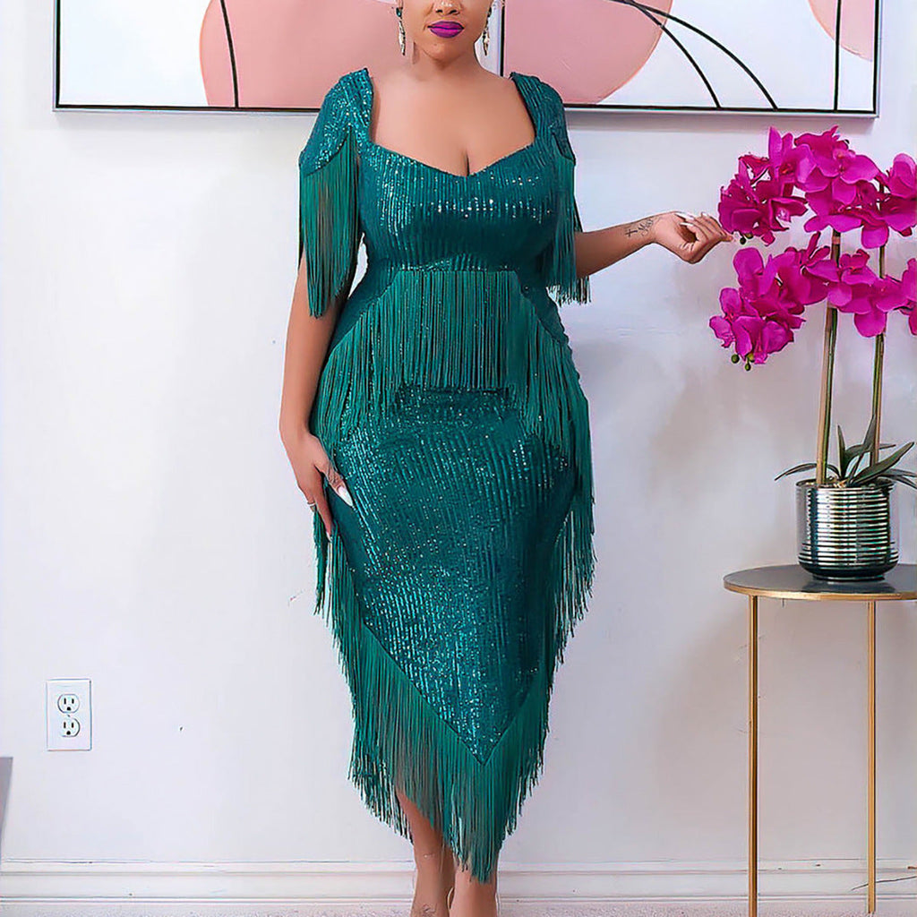 Abendkleid Pailletten Quasten Slim Fit Sexy Brautjungfernkleid Damen 