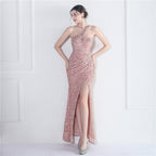 Velvet Bottom Sequin One Shoulder Fishtail Evening Dress