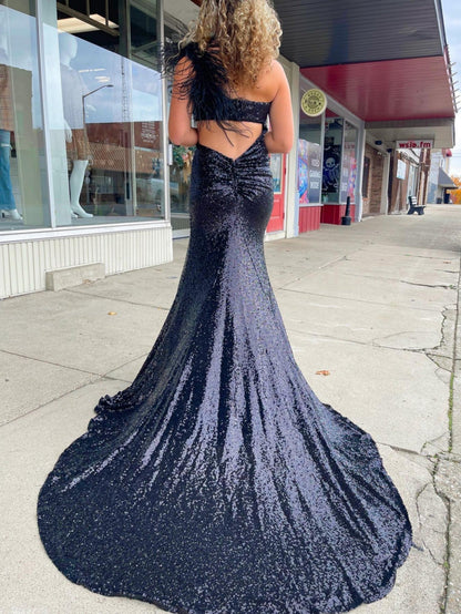 Vestido de fiesta de sirena negro único y brillante con un solo hombro