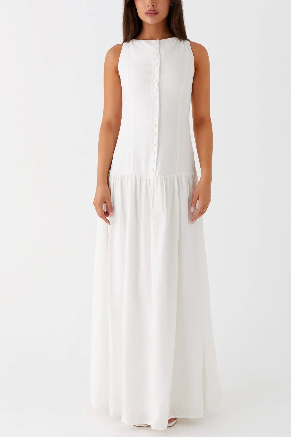 Vestido largo de noche inolvidable de mezcla de lino con botones y cintura baja 