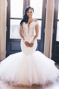 Chic Mermaid Tulle Wedding Dress With Long Sleeves Off Shoulder And Appliques