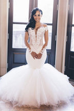 Chic Mermaid Tulle Wedding Dress With Long Sleeves Off Shoulder And Appliques
