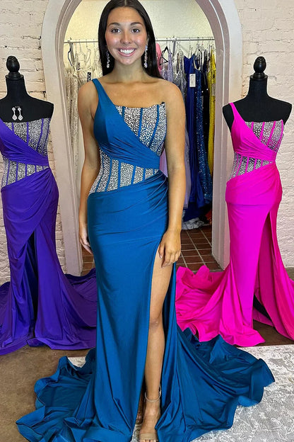 Vestidos de fiesta largos de sirena azul con un solo hombro y cuentas
