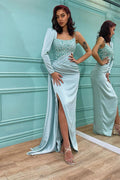 Long Sleeves Sequins Mermaid Satin Prom Dress with Slit