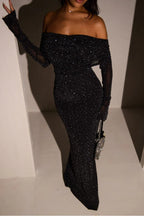 Robe longue noire à sequins avec épaule dénudée