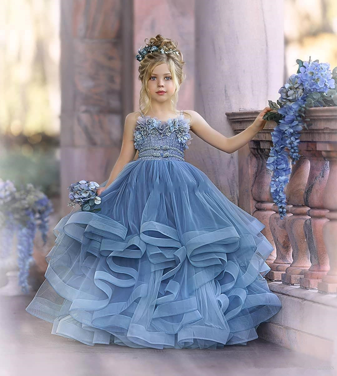 BMbridal Blue Spaghetti Straps Tulle Flower Girl Dress Layered With Appliques
