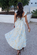 Robe mi-longue à corset froncé avec dos à volants et motif floral baroque la plus délicieuse