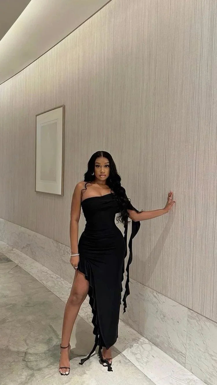 Abito da sera nero a una spalla, elegante abito lungo nero Y1892