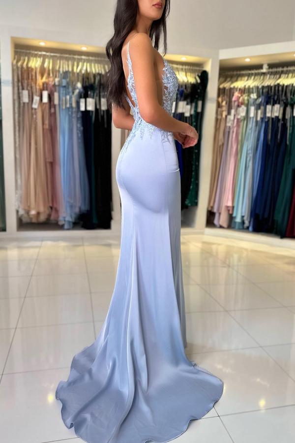 Mermaid Satin Lace Prom Dress With V Neck Spaghetti Straps Sleeveless With Slit