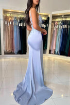 Mermaid Satin Lace Prom Dress With V Neck Spaghetti Straps Sleeveless With Slit