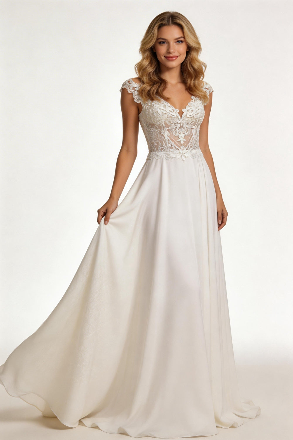#001 Modern V-Neck Wedding Dresses Lace Appliques Chiffon Backless Boho A-Line Bride Gown Backless Sweep Train Vestido de novia by payinti