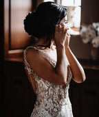 Glamorous V Neck Wide Strap Open Back Mermaid Wedding Dress With Lace Appliques