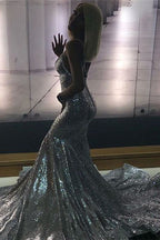 Sexy Silver Sequin Deep V-Neck Mermaid Long Prom Dress With Spaghetti Straps