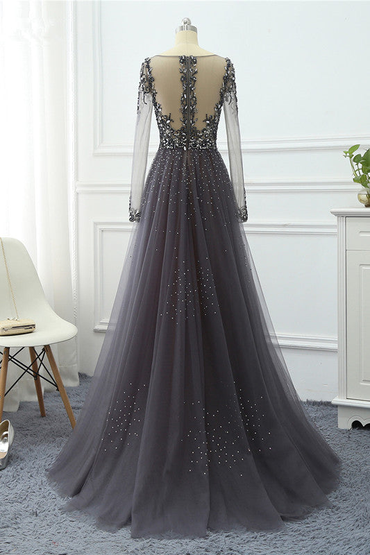 Elegant V Neck Long Sleeves Prom Dress With Overskirt Beading And Appliques