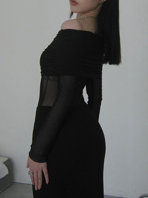 Lange Ärmel, schmal, plissiert, durchsichtig, einfarbig, mit Schlitz, schulterfrei, Abendkleider, Maxikleider 