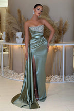 Dusty Sage Satin Mermaid Prom Dress With Beading And Slit Sweetheart Neckline
