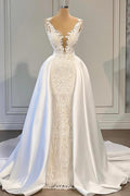 Gorgeous White Crystal Lace Appliques Mermaid Wedding Dress With Overskirt