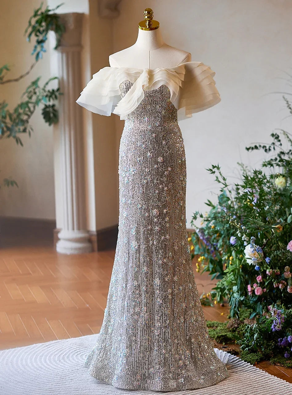 Abito da sera formale di lusso con perline e paillettes argento a sirena Y7614