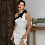 TARUXY Bow Skew Collar Sexy Split Maxi Dress Women's Contrast Color Sleeveless Elegant Club Evening Dress Splice Fashion Outfits